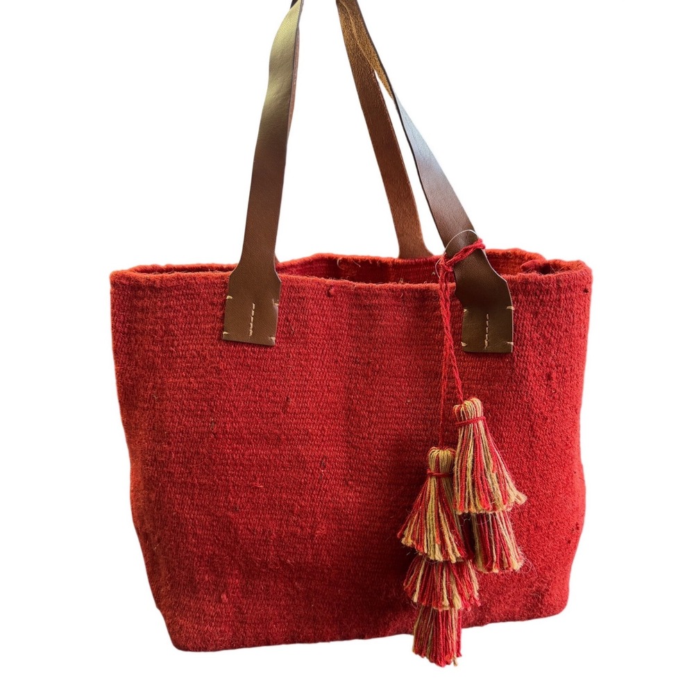 J Jill Purse Red Jute Woven Market Tote Bag Leather Straps Tassels Boho NEW